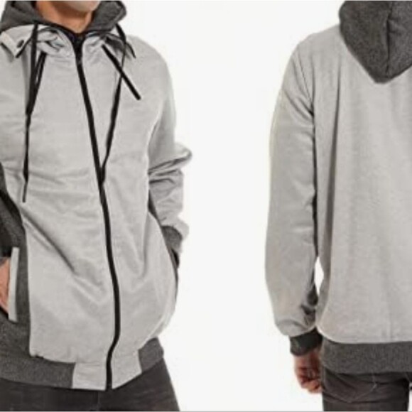 Mens Gray Hooded Jacket Large Zip Up Top Comfort Style Gym Daily Pockets Lounge - Picture 11 of 15